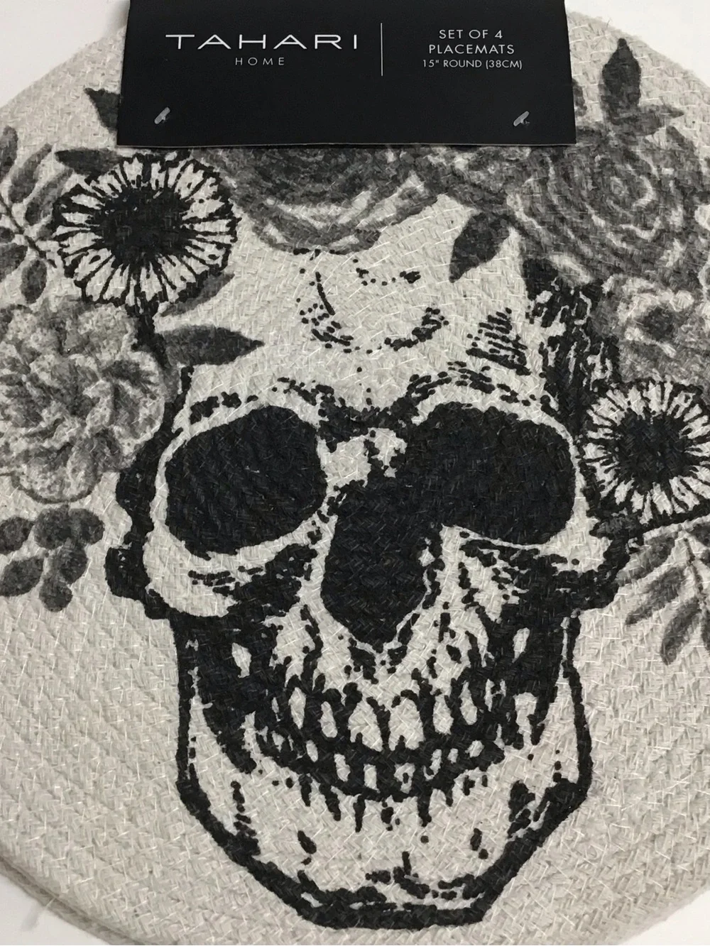 Tahari Home Skull Placemat SET OF 4 Day of Dead Halloween Sugar Skull Woven NEW